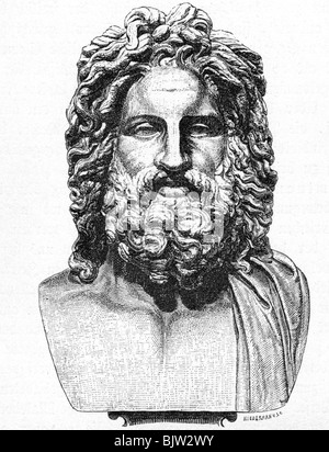 Zeus (latin: Jupiter), roi grec "ivine", leader des dieux, dieu du ciel et du tonnerre, gravure en bois, XIXe siècle, après 'Zeus d'Otricoli', partie d'une statue romaine, Banque D'Images