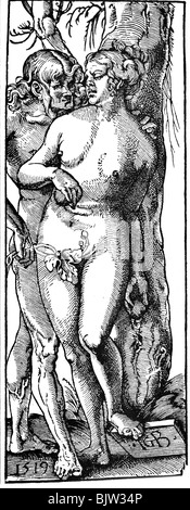 Religion, scènes bibliques, Adam et Eve, gravure en bois de Hans Baldung (Grien), 1519, Banque D'Images