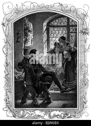 Littérature, 'Faust I', 10ème scène 'la maison du voisin', scène avec Mephisto, Marthe et Gretchen, gravure en bois par W. Hecht, vers 1870, Banque D'Images