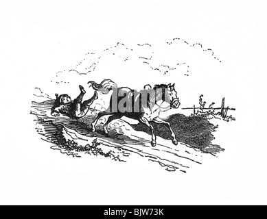 La littérature, les contes de Grimm, contes de fées, 'Hans dans la Chance', scène, tombé de cheval, gravure sur bois par Ludwig Richter (1803 - 1884), Banque D'Images