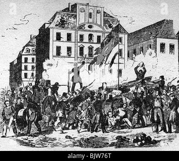 Révolution 1848 - 1849, Allemagne, Berlin, barricade à la mairie de Cologne, dessin, 18.3.1848, 1840, 19ème siècle, historique, historique, lutte, combats, lutte de rue, fighings de rue, drapeau, drapeaux, Prusse, politique, Banque D'Images