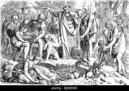 Événements, guerres romaines-germaniques 12 av. J.-C. - 16 av. J.-C. Germanicus, mort de la défaite, Varus Burried, 15 av. J. N. Geiger, gravure de bois après dessin, Nero Claudius Germanicus, Romains, Empire romain, soldats, légionnaire, cadavre, forêt de Teutoburg, Bataille, squelettes, Germania, - 1 er, germanique, historique, historique, ancien monde, peuple, Banque D'Images