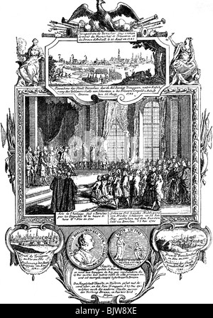 Événements, guerre de succession autrichienne 1740 - 1748, page commémorative sur l'occupation de la Silésie, 1742, gravure contemporaine de cuivre, Banque D'Images