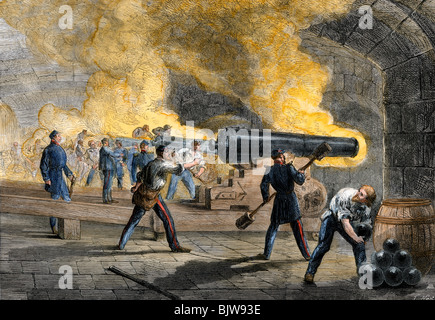 Gros canons de Fort Sumter de Fort Moultrie incendie Retour au début de la guerre civile, 1861. À la main, gravure sur bois Banque D'Images