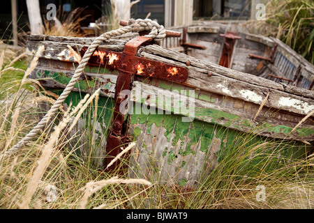 En bois ancien bateau cassé dans le champ avec les herbes hautes, Catlins, île du Sud, Nouvelle-Zélande Banque D'Images