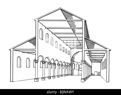 Architecture, plan du sol, section transversale d'une basilique romaine, dessin, basiliques, historique, historique, plans de sol, fanlight, cléritisme, histoire claire, histoire, histoire, colonne, colonnes, nef banked, allée centrale, arche ronde, arches rondes, fenêtre voûtée, fenêtres, bâtiment sacré, bâtiments sacrés, monde antique, Banque D'Images