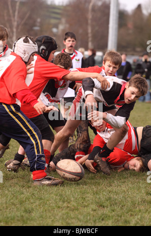 Les jeunes joueurs de rugby Junior en match de compétition club chasing the loose ball après un plaquage EDITORIAL UTILISEZ UNIQUEMENT Banque D'Images