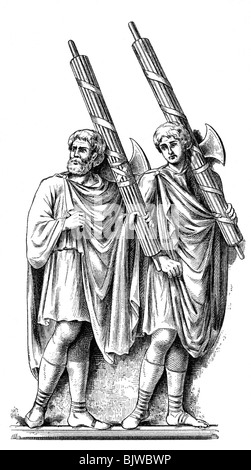 Monde ancien, Empire romain, peuple, lécitateurs avec pack de tiges (Fasces), après victoire, colonne triomphale de Marcus Aurelius, Rome, vers 190 av. J.-C., dessin, XIXe siècle, historique, lécitateurs, fonctionnaire, fonctionnaires, symbole du pouvoir, porté devant les autorités municipales, hache, rods, sagum, manteau de soldat, manteaux, colonne de Trajan, écrêtage découpe, découpe, découpe, monde ancien, Banque D'Images