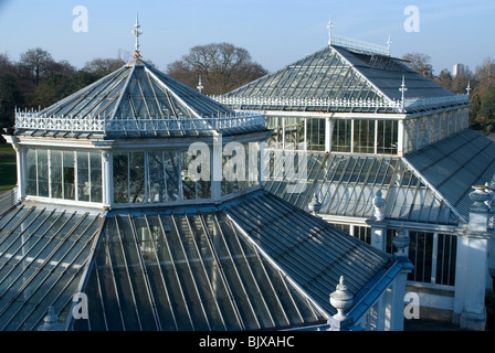 Vue sur les sommets de l'Europe, les maisons, les jardins de Kew, Kew, Surrey, Angleterre. Banque D'Images