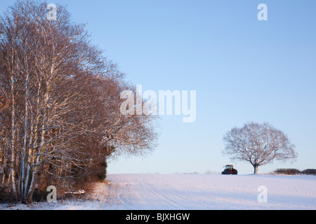 Paysage d'hiver avec des champs enneigés, des arbres et des ruches d'abeilles avec un tracteur au loin Banque D'Images