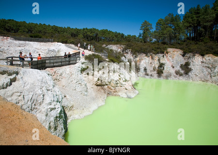 Devil's Bath est une construction robuste à double cratère rempli d'eau naturellement de couleur vert lime Nouvelle-zélande Banque D'Images