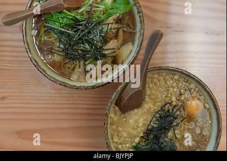 Nouilles Soba en bouillon chaud, garni de sansai (légumes) et la montagne (oeuf et tsukimi tanuki pâte tempura frit). Banque D'Images