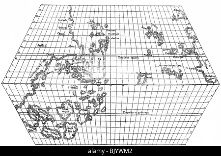 Cartographie, cartes du monde, planisphère de Paolo dal Pozzo Toscanelli, détails: Océan Indien (Atlantique) entre l'Afrique de l'Ouest et l'Asie de l'est, Florence, 1457, Banque D'Images