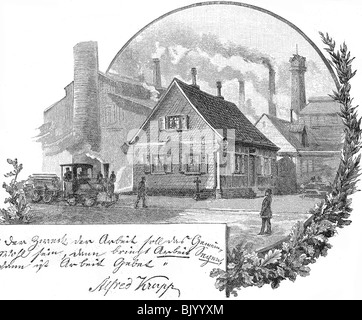 Industrie, métal, Krupp, société mère à Essen, gravure sur bois, avec inscription par Alfred Krupp, 2ème moitié du XIXe siècle, historique, historique, industrie du métal, industrie de l'acier, société Krupp, plantation en 1912, Banque D'Images