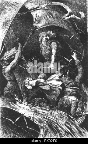 Littérature, légendes, légende Nibelung, mort de Siegfried, Siegfried se rendant à Isenland, gravure en bois, XIXe siècle, historique, historique, Nibelungen, Nibelungs, germanique, Teuton, germanique, Teutons, héros, héros, meurtrier, mythe, mythologie, voyage, balade, guerrier, tempête, magasin, Banque D'Images