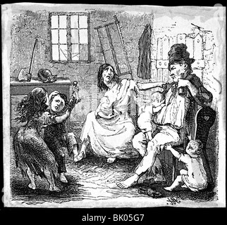 Les gens, la misère / l'adversité, Silésie weaver famille dans son logement misérable, gravure en bois de 'Ilustrierte Zeitung', Leipzig, 1845, collection privée, Banque D'Images