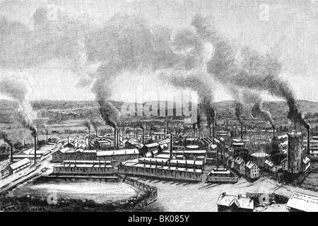 Industrie, métal, Krupp, usines de fusion à Essen, vue d'ensemble, gravure sur bois, 2ème moitié du XIXe siècle, historique, historique, industrie du métal, industrie de l'acier, fondée en 1812, Banque D'Images