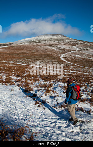 Femme marche sur le Pain de Sucre en hiver Wales UK Banque D'Images