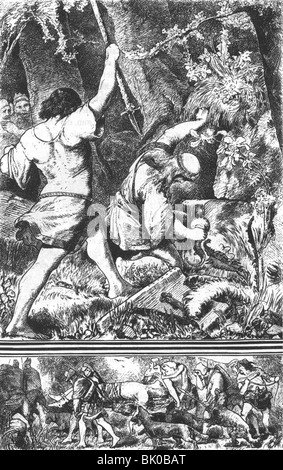 Littérature, légendes, légende Nibelung, mort de Siegfried, Siegfried est tué par Hagen de Tronie, gravure sur bois, XIXe siècle, historique, Nibelungen, Nibelungs, germanique, Teuton, germanique, Teutons, héros, héros, meurtrier, mythe, mythologie, Tronje, meurtrier, meurtre, Banque D'Images