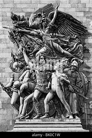 Événements, guerre de la première Coalition 1792 - 1797, allégorie, 'fête des Volontaires de 1792' ou 'la Marseillaise', gravure de bois après soulagement par François Rude, Arc de Triomphe, Paris, 1836, , Banque D'Images