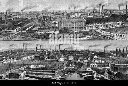 Industrie, métal, acier, ouvrages en acier moulé Krupp, Essen, vue extérieure, gravure sur bois, 'Buch der Erfindungen', publié par Otto Spamer, Leipzig, 1872, , Banque D'Images