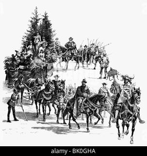 Festivité, 400ème anniversaire de l'industrie du verre en Thuringe, Lauscha, 10.1.1897, procession festive : Comte Christoph Ulrich von Pappenheim, duc Johann Kasimir de Saxe-Gotha, la Lauscha, gravure de bois après dessin de Hans W. Schmidt, 1897, glassblower, gaffer, peuple, folklore, costumes, Allemagne impériale, Principauté de Saxe-Meiningen, Saxe - Meiningen, Europe centrale, géographie, voyage, historique, XIXe siècle, Saxe - gotha Banque D'Images