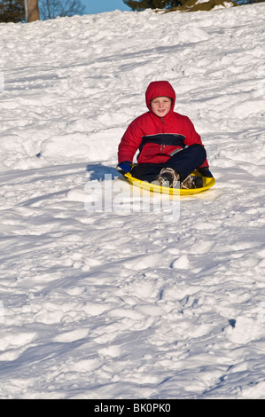 Les jeunes enfants des familles sur des traîneaux snowy city park hillside. Banque D'Images