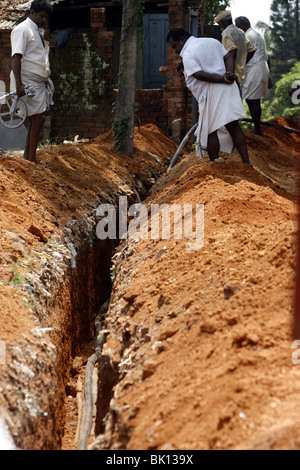 L'homme au travail de creuser une tranchée pour la pose de câbles téléphoniques à Thiruvananthapuram, Kerala, Inde Banque D'Images