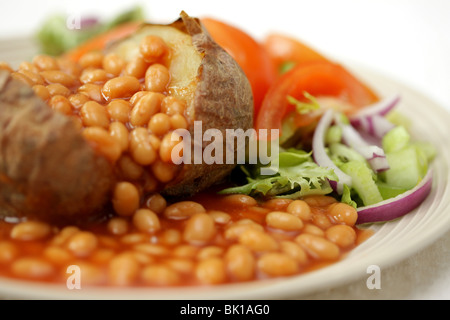 Sains fraîchement cuit pomme de terre au four avec des haricots blancs à la sauce tomate avec un jardin frais repas salade et pas de personnes Banque D'Images