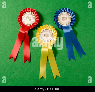 Bleu,Jaune et Rouge gagnants rosettes. Banque D'Images