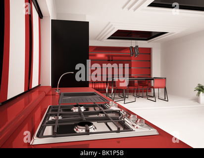 Intérieur de cuisine moderne en rouge 3D render Banque D'Images