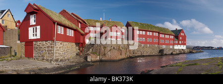 Vue panoramique des savoirs traditionnels au toit de gazon sur les bâtiments du gouvernement, la péninsule Tinganes Torshavn, Streymoy, Îles Féroé Banque D'Images