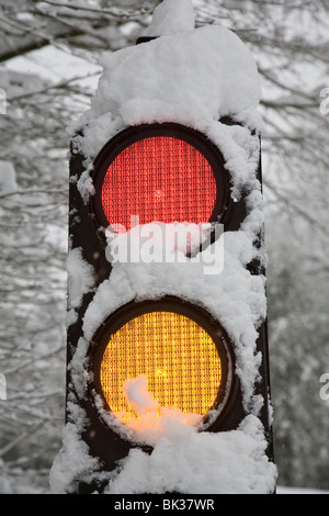 La neige a couvert les feux de circulation rouge montrant et ambre. Banque D'Images