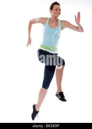 Woman running on white background studio isolé Banque D'Images