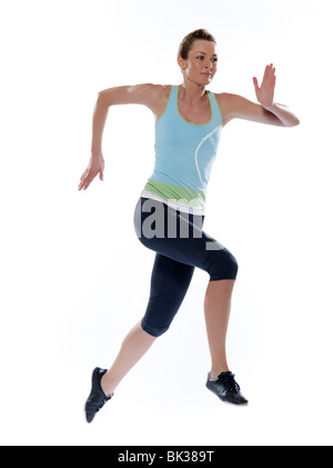 Woman running on white background studio isolé Banque D'Images