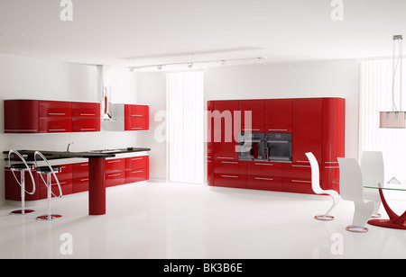 Intérieur de cuisine rouge moderne avec bar et tabourets table 3d Banque D'Images