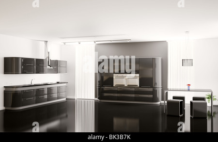 Intérieur de cuisine moderne noir 3D render Banque D'Images