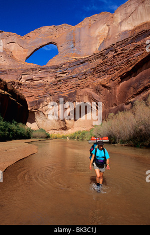 La randonnée dans la rivière Escalante ci-dessous Steven's Arch, Coyote Gulch, Escalante Canyons, Glen Canyon National Recreation Area, Utah. Banque D'Images