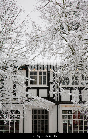 Les arbres couverts de neige et la construction à Haslemere High Street, Surrey, Angleterre. Banque D'Images