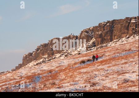 Les randonneurs ci-dessous Stanage Edge, Peak District, Derbyshire, Royaume-Uni Banque D'Images