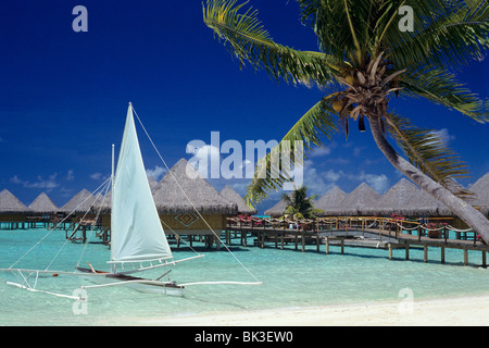 Bungalows sur pilotis du Moana Beach Park Royal Hotel sur l'île de Bora Bora dans les îles de la société de la Polynésie française. Banque D'Images