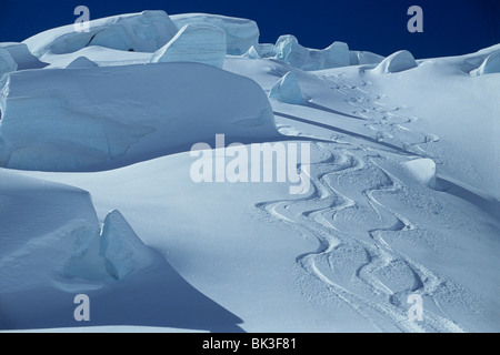 Les pistes de ski sur glacier Tasman, Parc National du Mont Cook, Alpes du Sud, l'île du Sud, Nouvelle-Zélande Banque D'Images