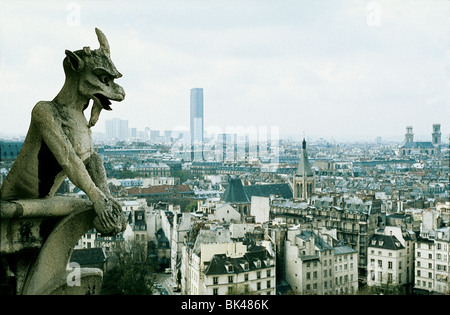Une vue panoramique avec gargouille, sur le haut de la Cathédrale Notre Dame, Paris, France Banque D'Images