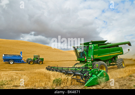 Une moissonneuse-batteuse John Deere les récoltes de blé tendre blanc dans la région de Palouse Eastern Washington avec un chariot à grain dans l'arrière-plan Banque D'Images