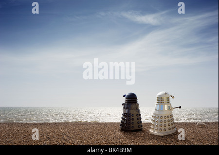 Le noir et blanc Daleks prendre leur chien pour une promenade sur la plage Banque D'Images