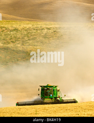 Une moissonneuse-batteuse John Deere les récoltes de blé tendre blanc au centre de l'Est de Washington Banque D'Images