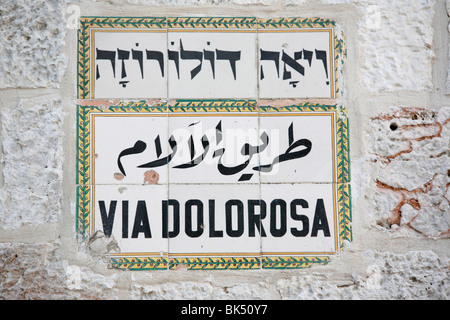Via Dolorosa street sign en trois langues, vieille ville, Jérusalem, Israël, Moyen Orient Banque D'Images