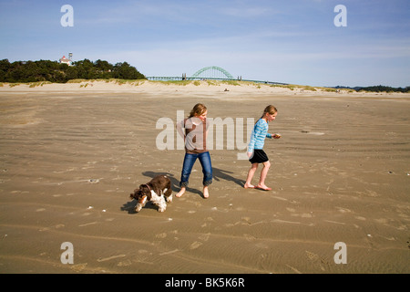 Une partie marche cocker couleur sur une plage à Yachats, Oregon. Banque D'Images