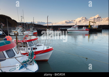 Port de pêche de Hofn, près de Bakkagerdi dans Borgarfjordur Eystri fjord, Mont Dyrfjoll, Fjords de l'Est, l'Islande Banque D'Images