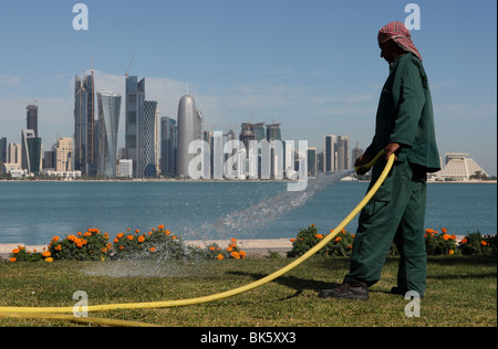 Jardinier l'arrosage des plantes sur la Corniche avec West Bay skyline de Doha en arrière-plan. Banque D'Images